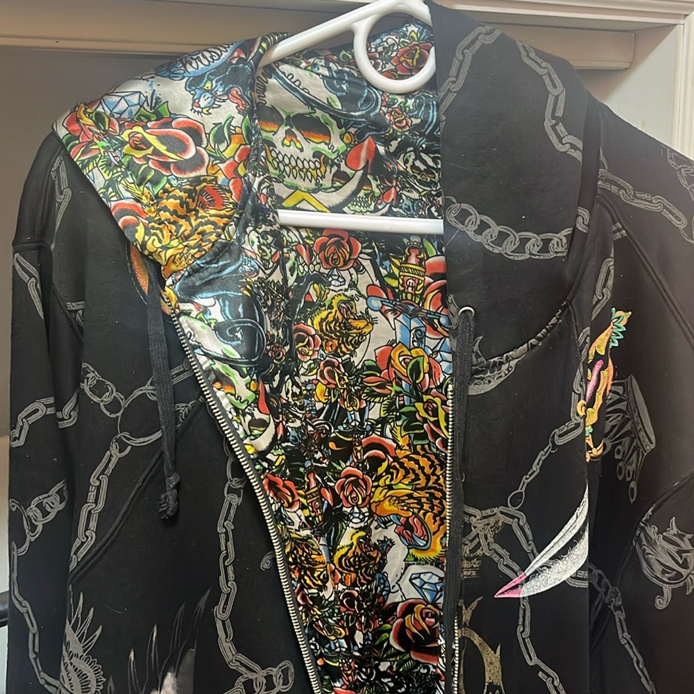 Vintage Christian Audigier Y2K all over skull reversible hoodie very soft warm